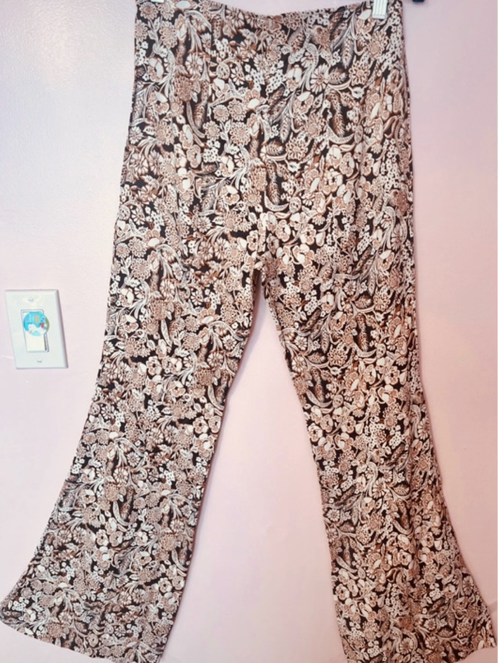 Anthropologie Black and Cream Floral Boot-Cut Pants